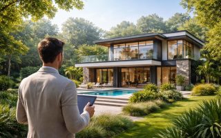 maison-moderne-verdure-personne-tablette