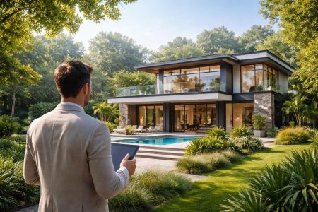 maison-moderne-verdure-personne-tablette