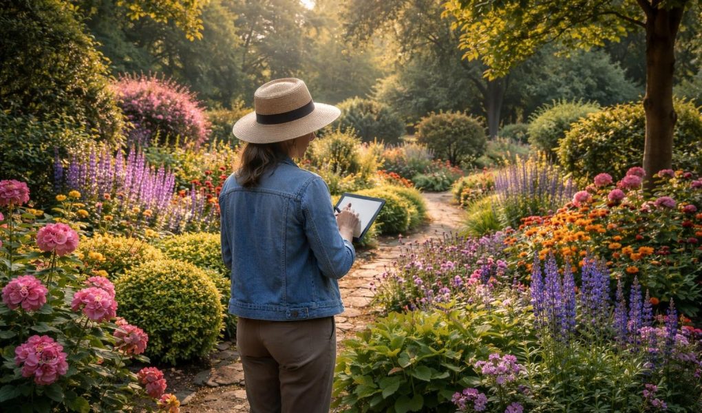 jardin-fleurs-arbres-personne-tablette