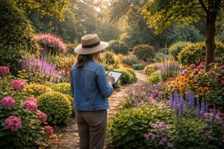jardin-fleurs-arbres-personne-tablette