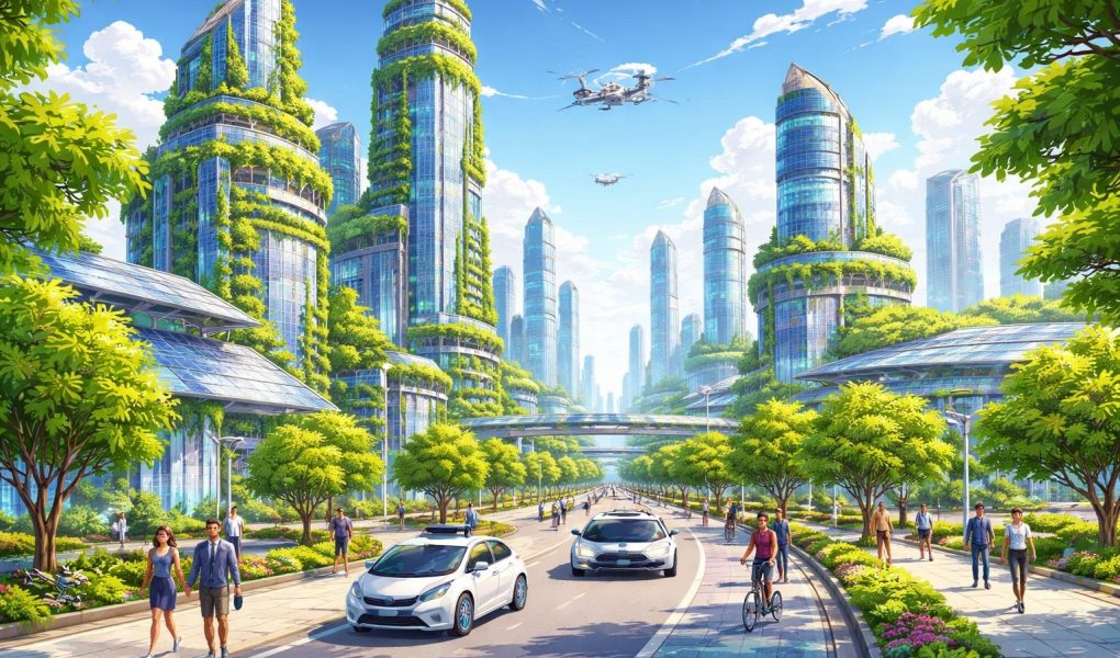 ville-futuriste-batiments-verdure-vehicules-electriques