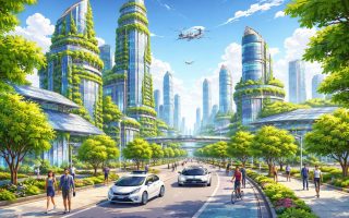 ville-futuriste-batiments-verdure-vehicules-electriques