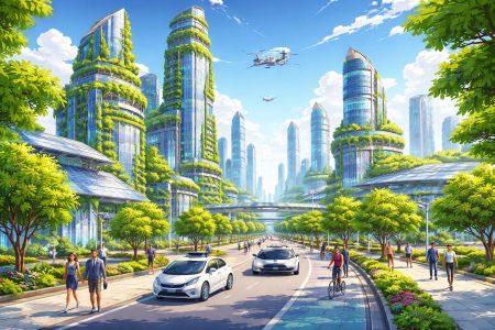 ville-futuriste-batiments-verdure-vehicules-electriques