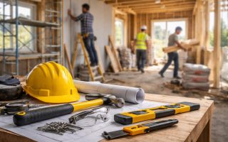 maison-construction-outils-echafaudages-ouvriers