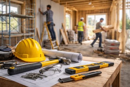 maison-construction-outils-echafaudages-ouvriers
