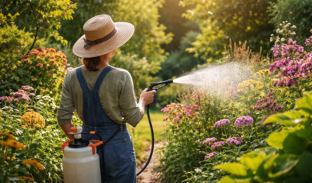 personne-chapeau-jardin-plantes-luxuriantes