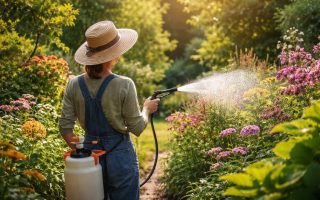 personne-chapeau-jardin-plantes-luxuriantes