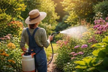 personne-chapeau-jardin-plantes-luxuriantes