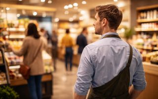 employe-souriant-magasin-clientele-floue
