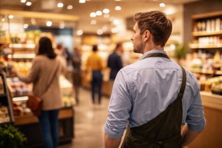 employe-souriant-magasin-clientele-floue