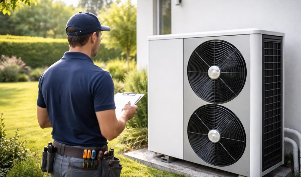 technicien-inspecte-pompe-chaleur-jardin