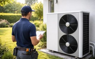 technicien-inspecte-pompe-chaleur-jardin