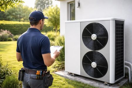 technicien-inspecte-pompe-chaleur-jardin