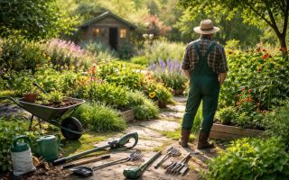 jardin-luxuriant-jardinier-plantes-cabane-floutee