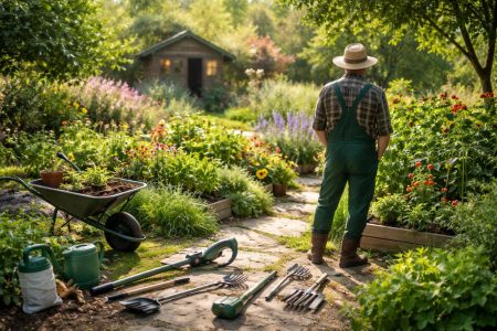 jardin-luxuriant-jardinier-plantes-cabane-floutee